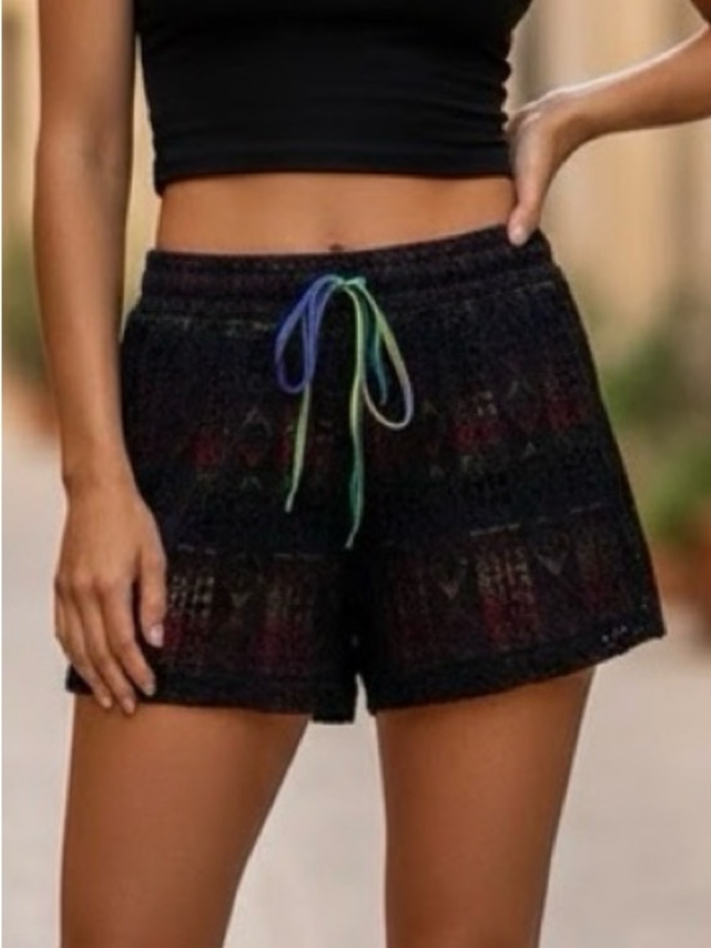 Meraki Shorts size 1 Elastic Waist Black Lace Overlay rainbow underneath swim